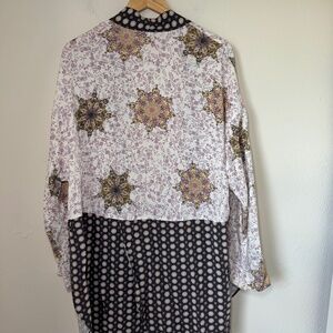 Free People Kimono Women's MD White Brown Multi Knot Tie Front Boho Festival